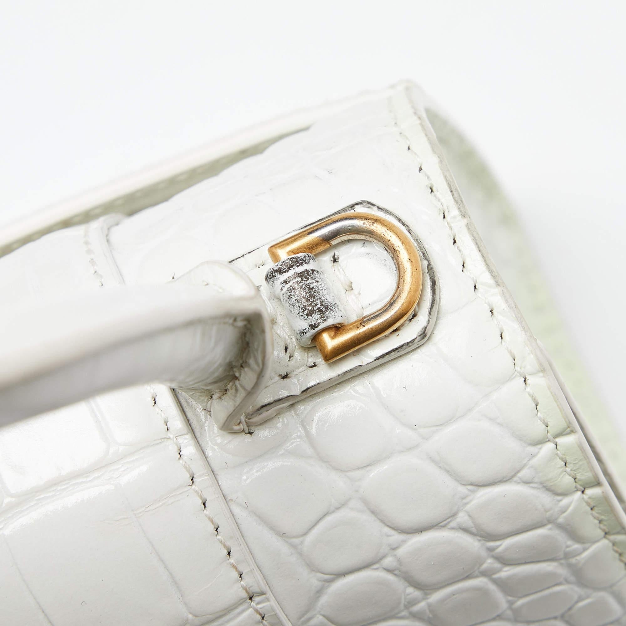 Balenciaga - Petit sac en cuir embossé croco blanc avec poignée supérieure sablier en vente 8