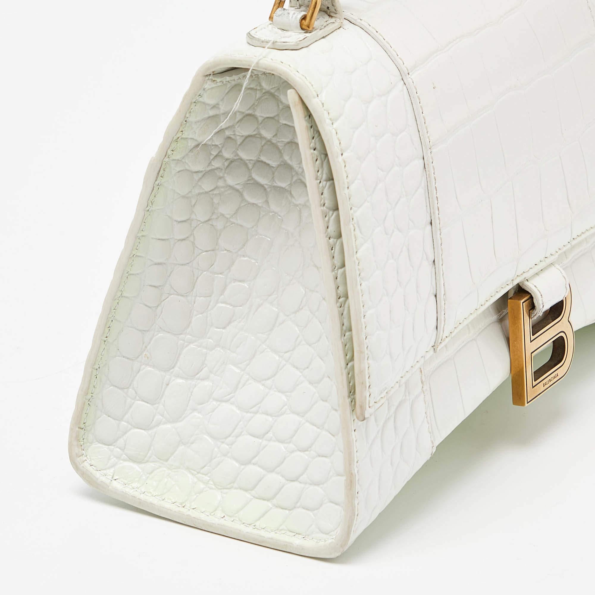 Balenciaga - Petit sac en cuir embossé croco blanc avec poignée supérieure sablier en vente 11