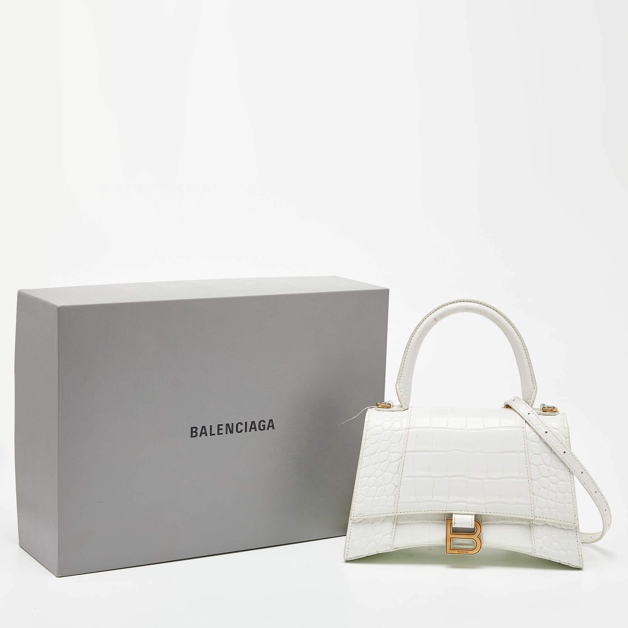 Balenciaga - Petit sac en cuir embossé croco blanc avec poignée supérieure sablier en vente 12