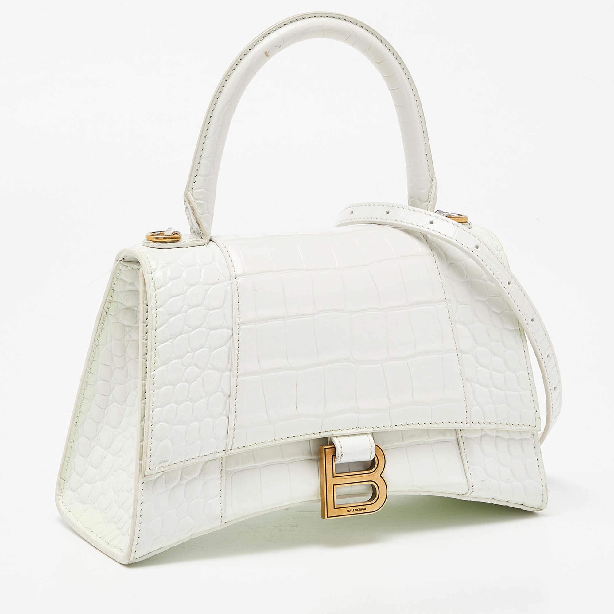 Women's Balenciaga White Croc Embossed Leather Small Hourglass Top Handle Bag For Sale