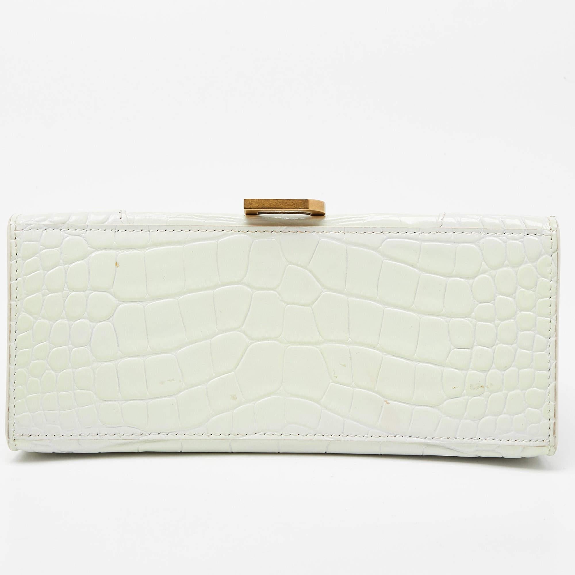 Balenciaga - Petit sac en cuir embossé croco blanc avec poignée supérieure sablier en vente 1