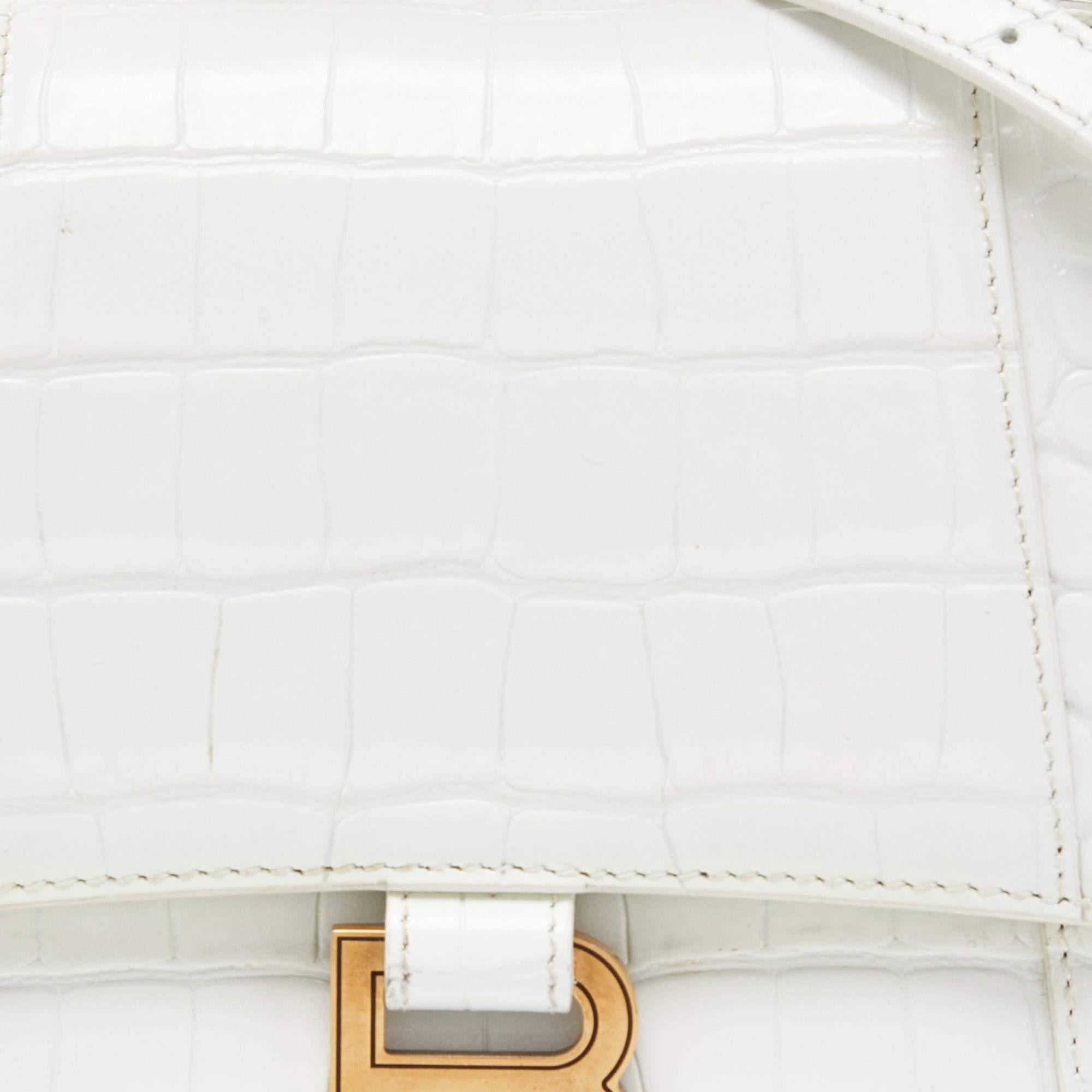 Balenciaga - Petit sac en cuir embossé croco blanc avec poignée supérieure sablier en vente 2