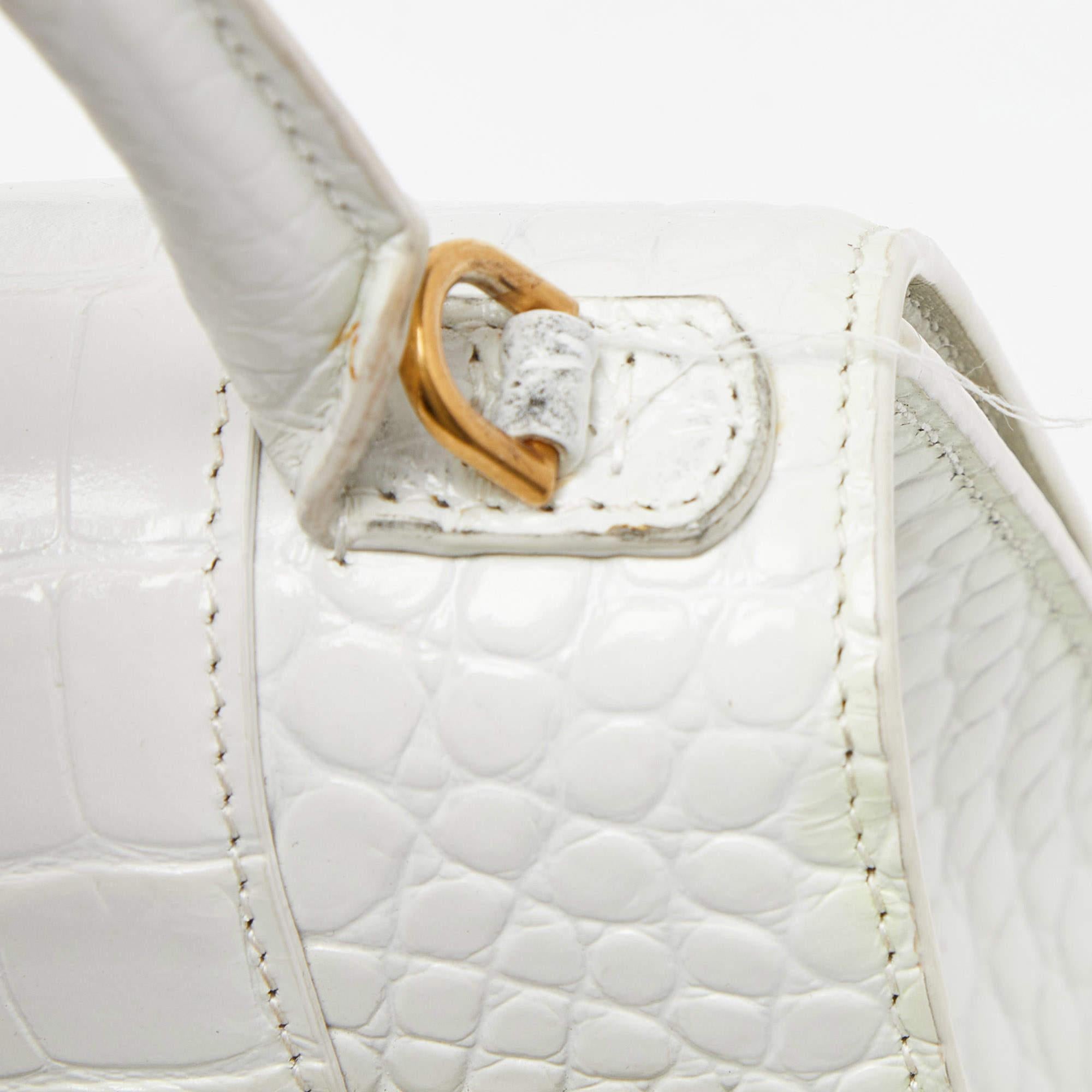 Balenciaga - Petit sac en cuir embossé croco blanc avec poignée supérieure sablier en vente 5