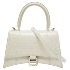 Balenciaga White Croc Embossed Leather Small Hourglass Top Handle Bag