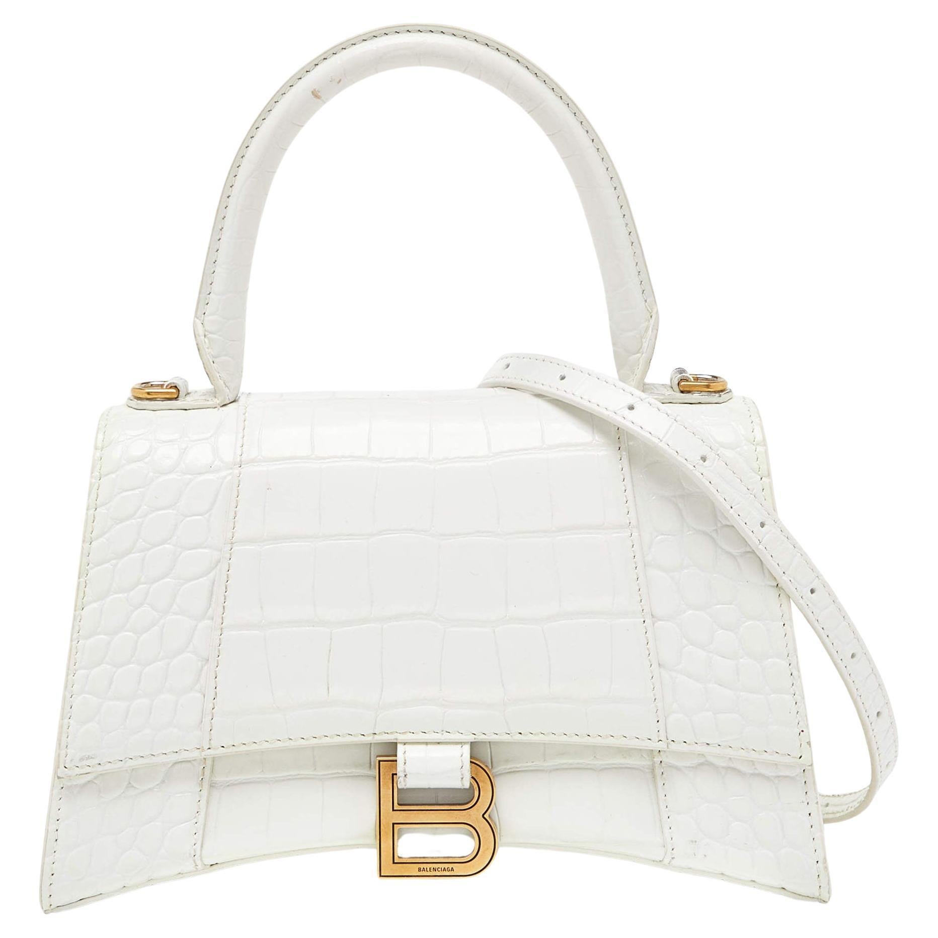 Balenciaga White Croc Embossed Leather Small Hourglass Top Handle Bag For Sale