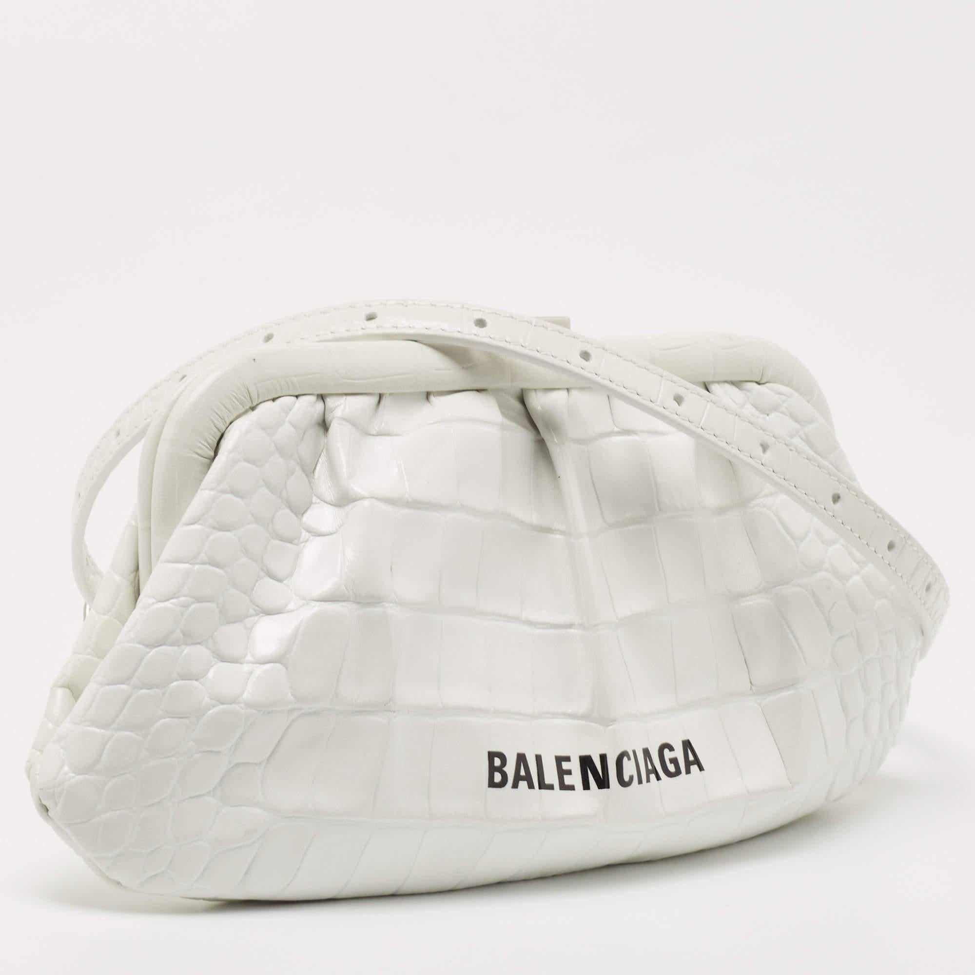 Women's Balenciaga White Croc Embossed Leather XS Cloud Clutch Bag