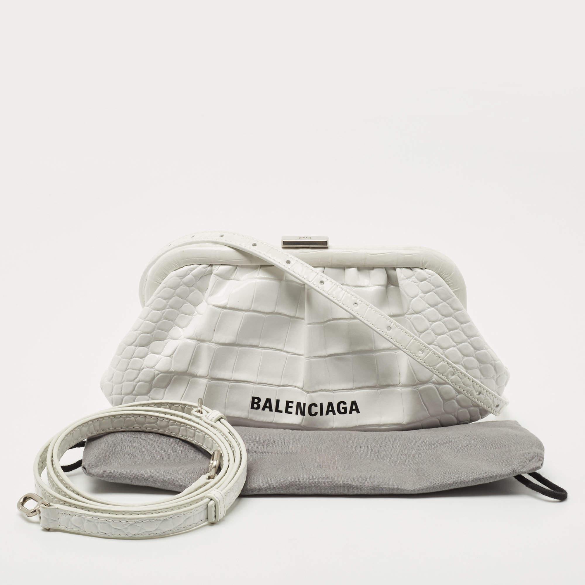 Balenciaga White Croc Embossed Leather XS Cloud Clutch Bag 2