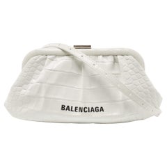 Balenciaga White Croc Embossed Leather XS Cloud Clutch Bag