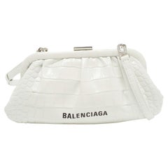 Balenciaga White Crocodile Embossed Leather XS Cloud Clutch Bag