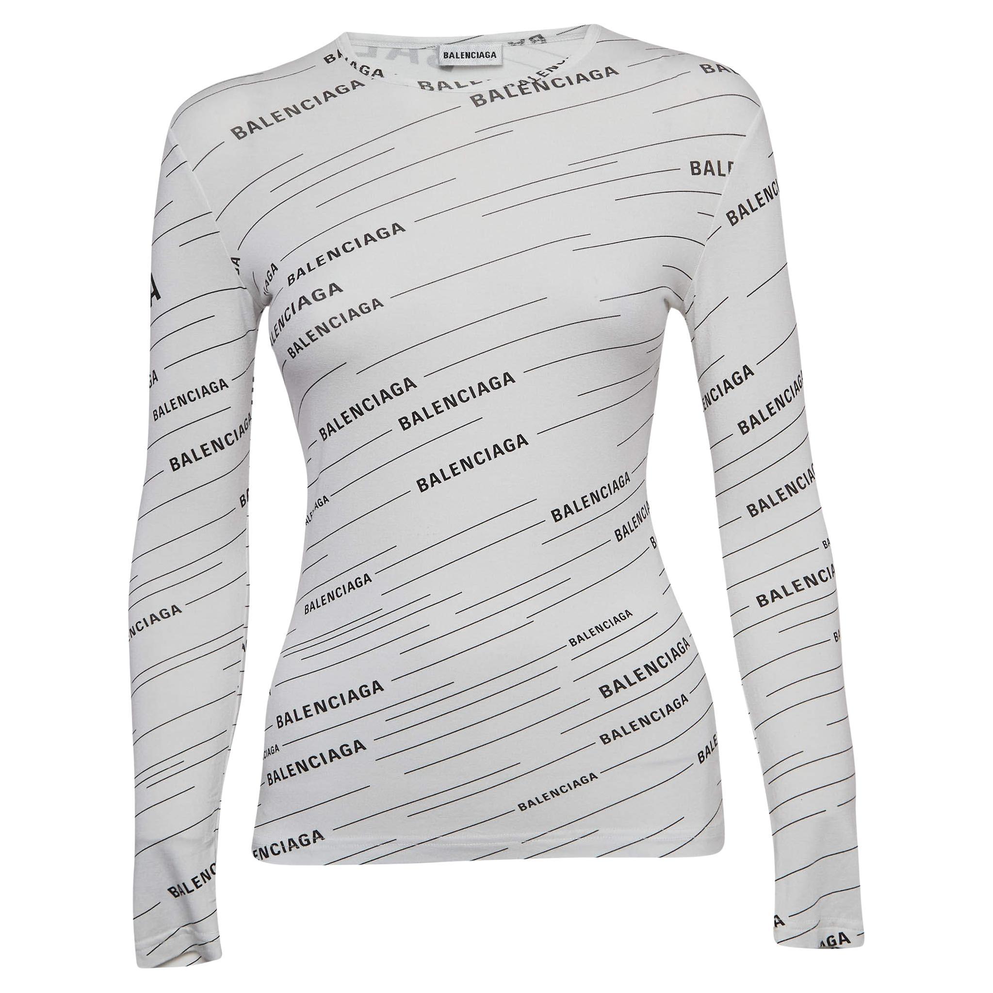 Balenciaga White Diagonal Logo Print Jersey Long Sleeve T-Shirt S For Sale