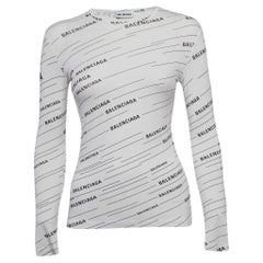 Balenciaga White Diagonal Logo Print Jersey Long Sleeve T-Shirt S