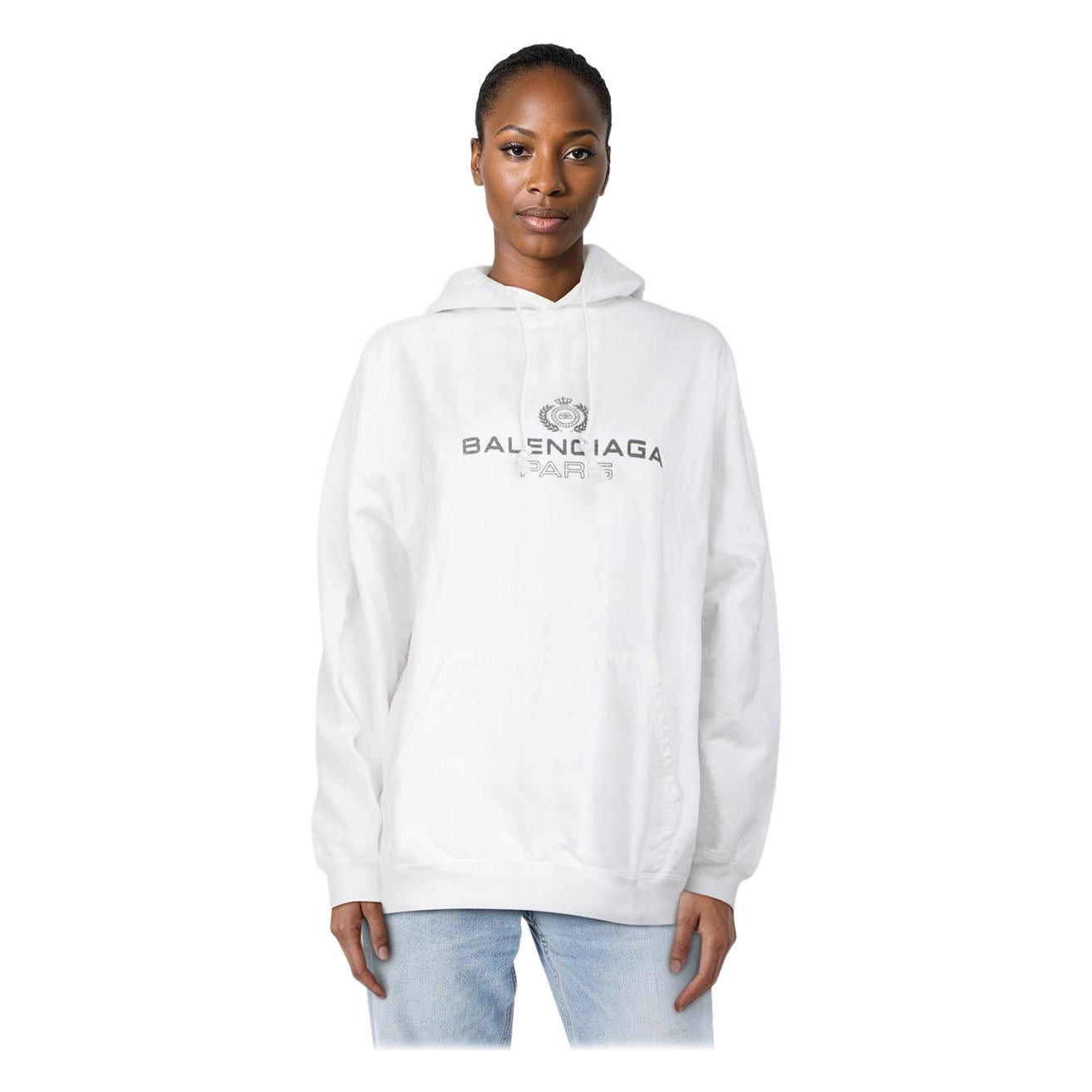 Balenciaga White Front Logo Print Hoodie Size M