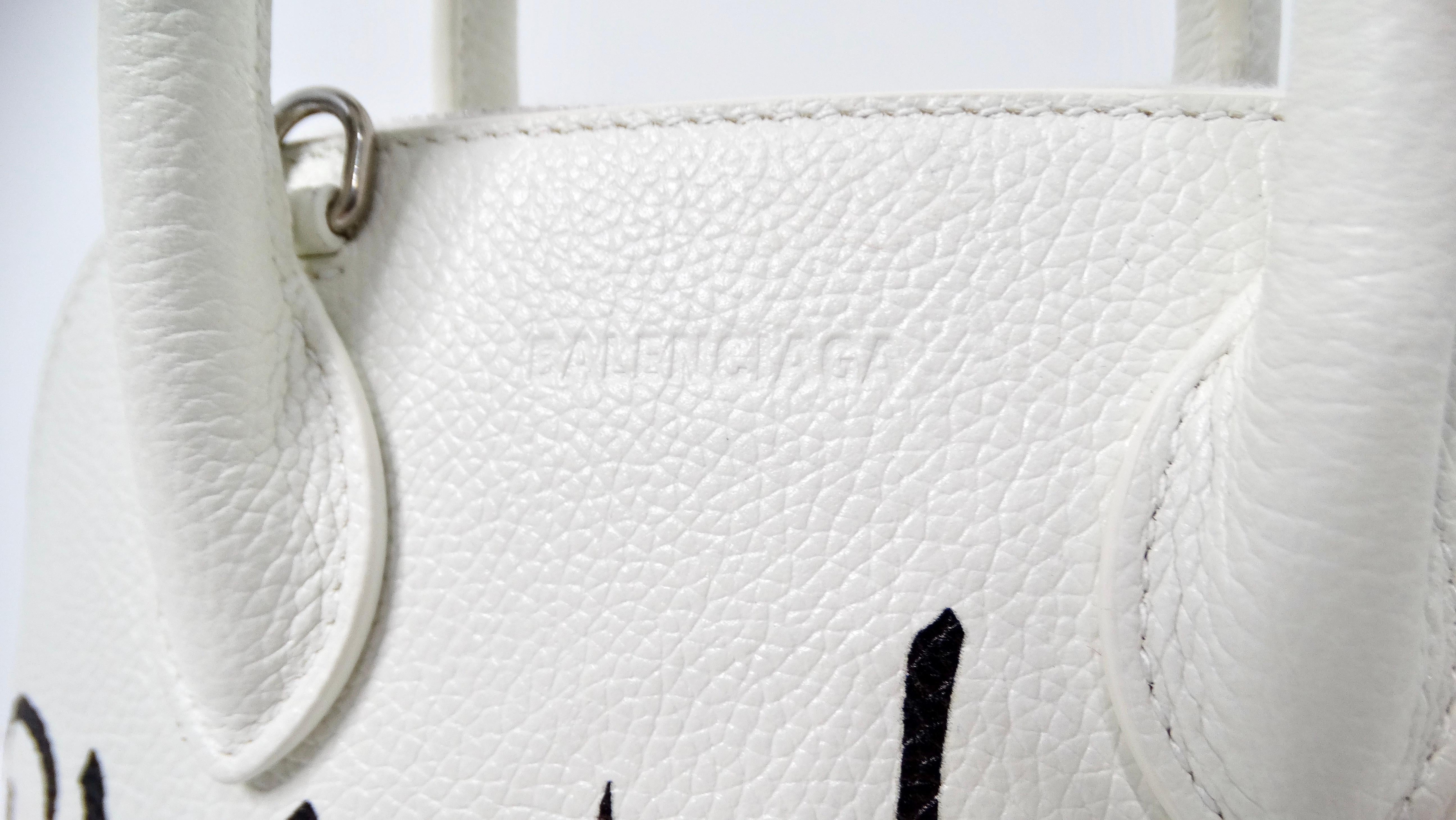 Gray Balenciaga White Graffiti Logo Print Ville Leather XXS Mini Top Handle Bag For Sale