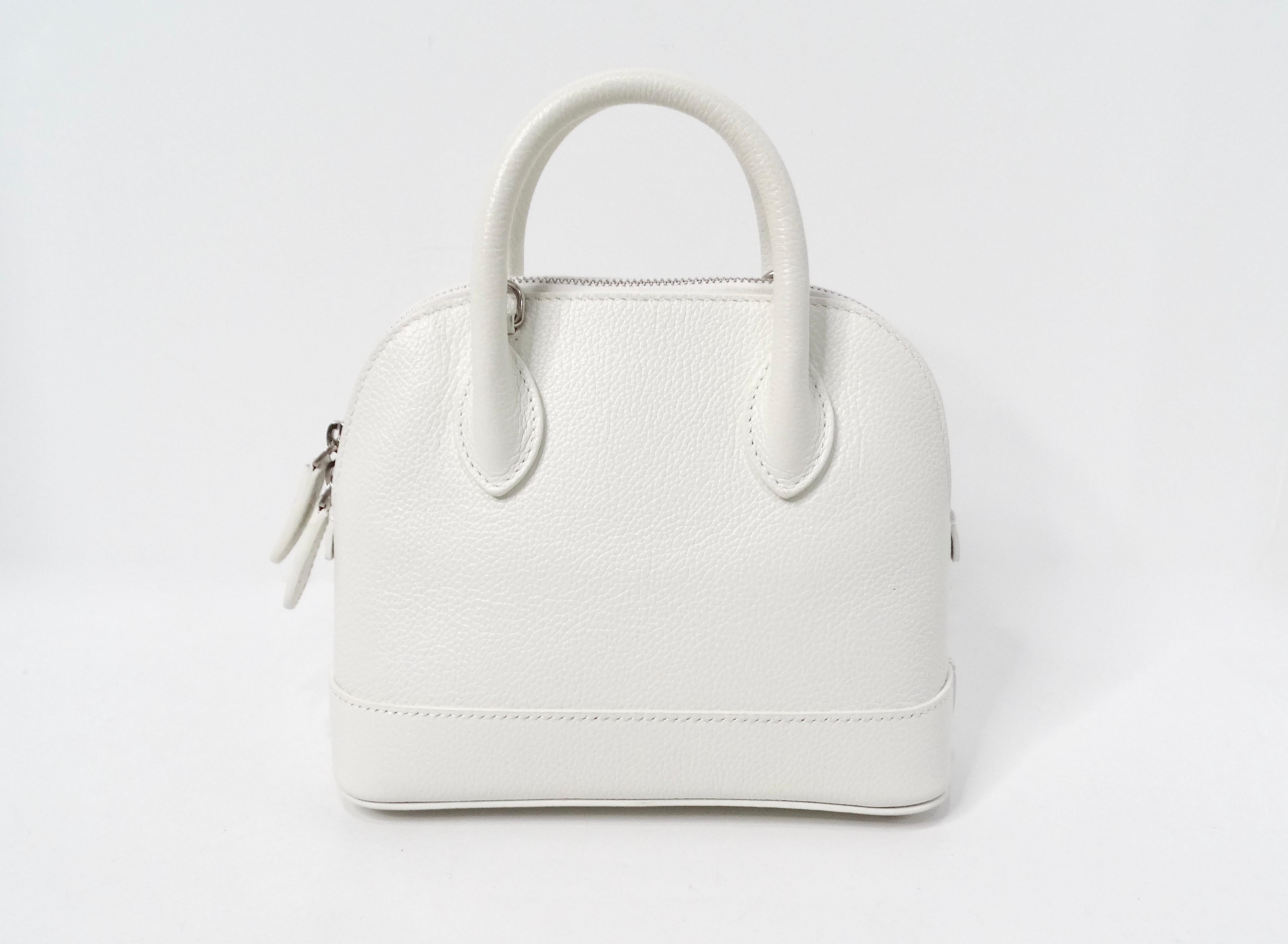 Women's Balenciaga White Graffiti Logo Print Ville Leather XXS Mini Top Handle Bag For Sale