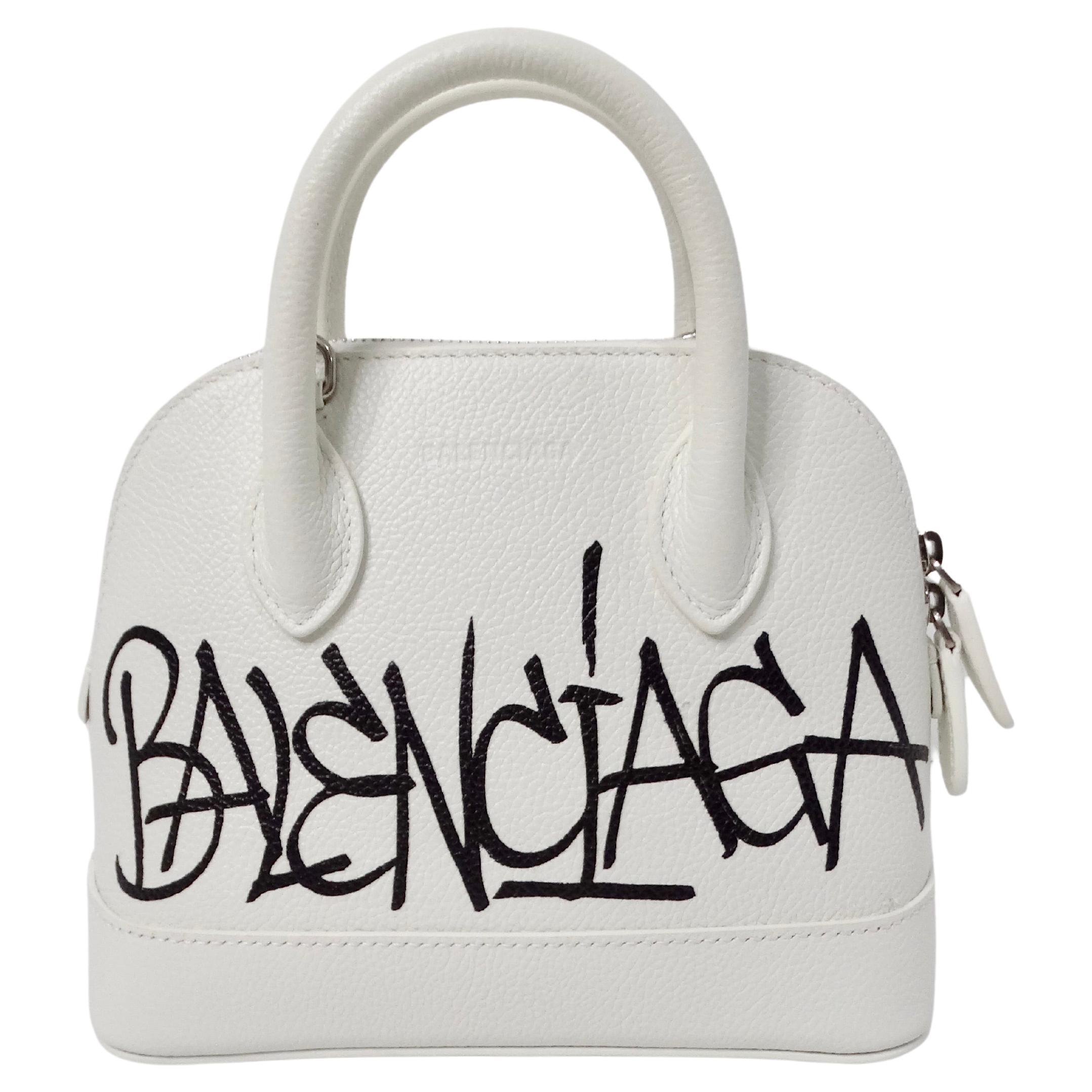 Balenciaga White Graffiti Logo Print Ville Leather XXS Mini Top Handle Bag For Sale
