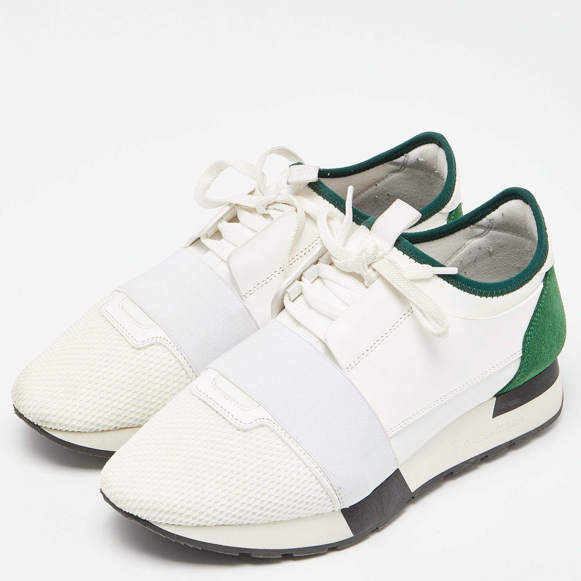 Balenciaga White/Green Leather and Mesh Race Runner Sneakers Size 39 For Sale 1