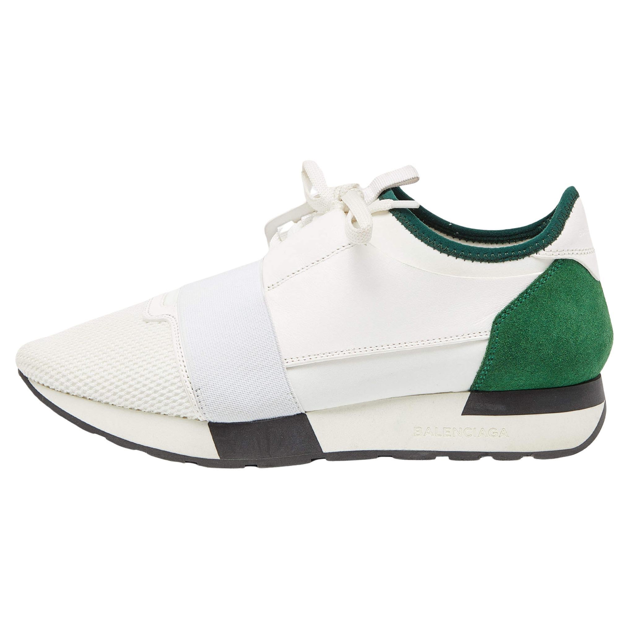 Balenciaga White/Green Leather and Mesh Race Runner Sneakers Size 39 For Sale
