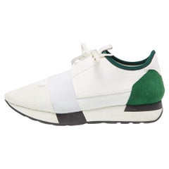 Used Balenciaga White/Green Leather and Mesh Race Runner Sneakers Size 39