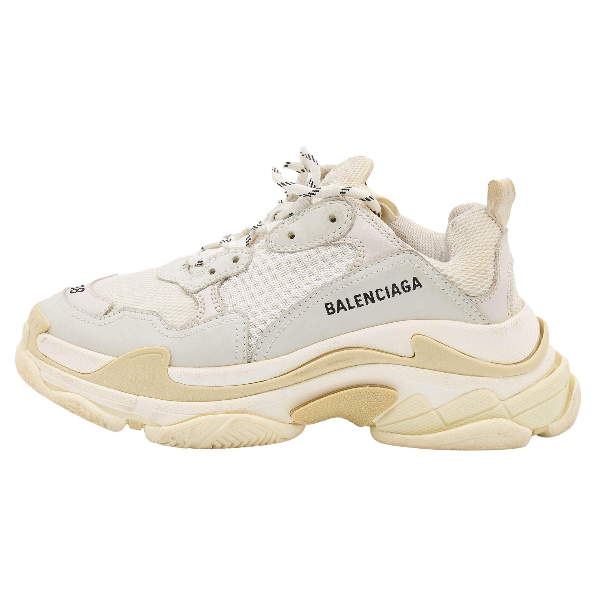 Balenciaga White/Grey Leather and Mesh Triple S Sneakers Size 38