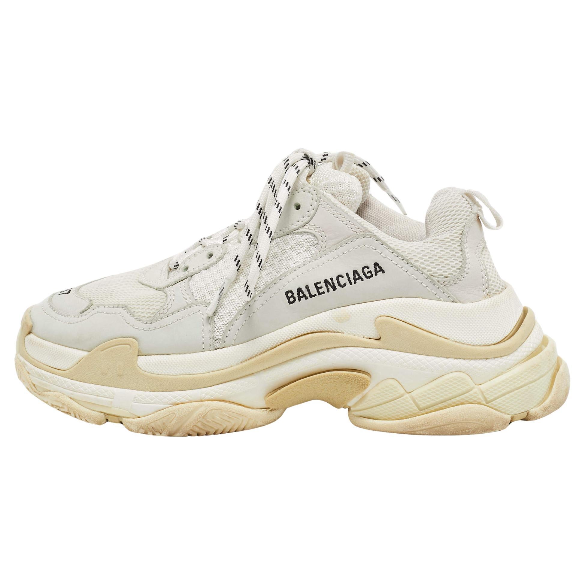 Balenciaga White/Grey Mesh and Leather Triple S Sneakers Size 37 For Sale