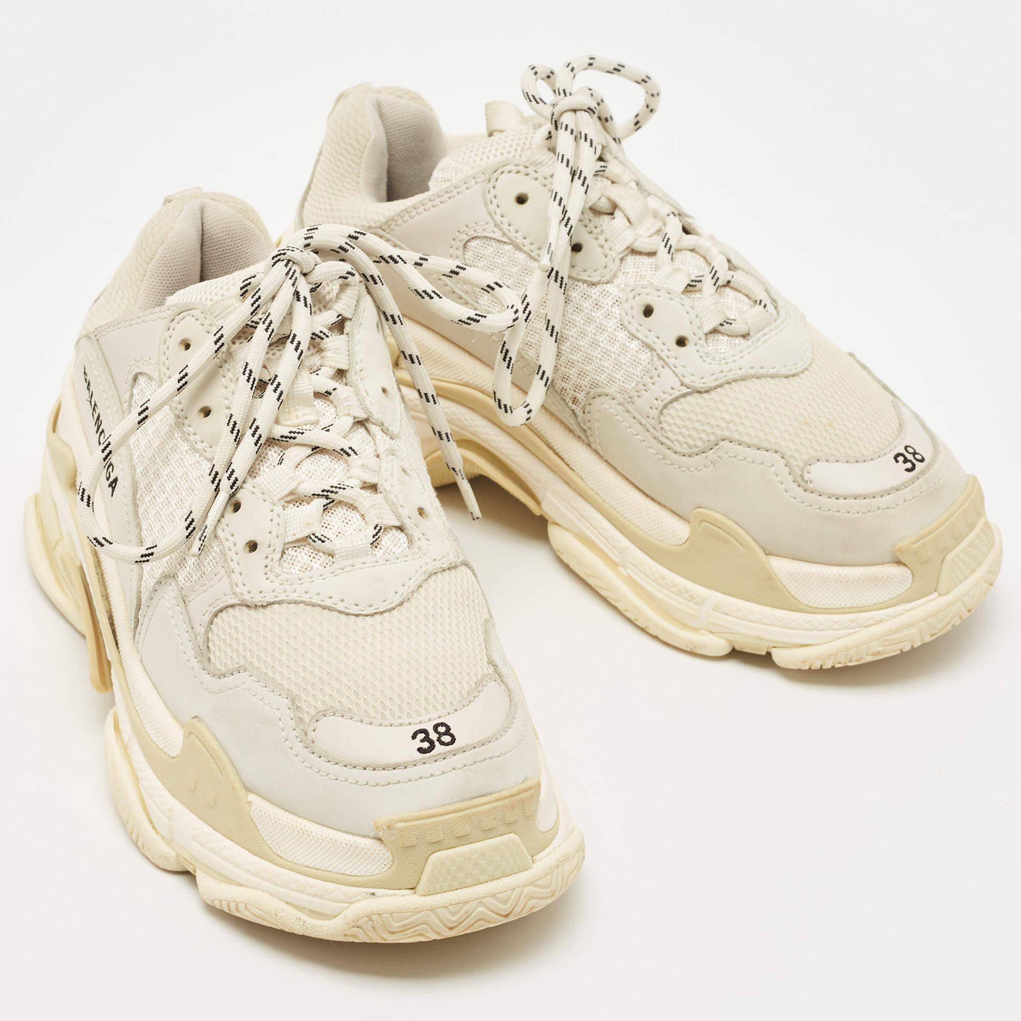 Beige Balenciaga White/Grey Mesh and Leather Triple S Sneakers Size 38