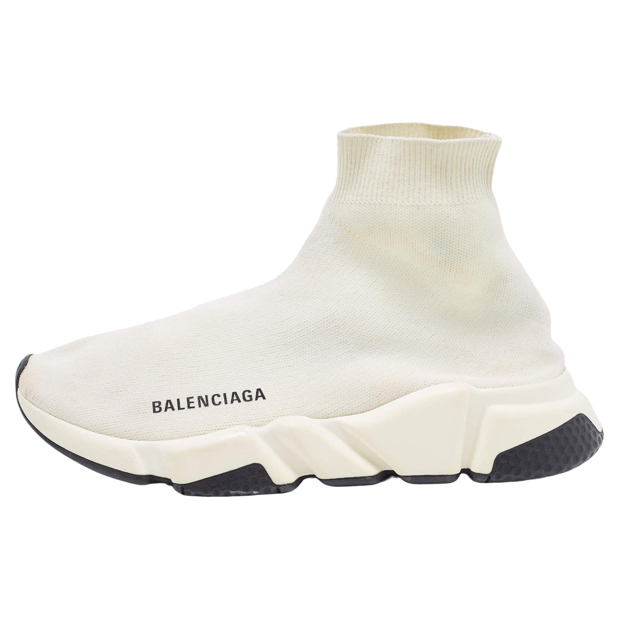 Balenciaga White Knit Fabric Speed High Top Sneakers Size 38 For Sale