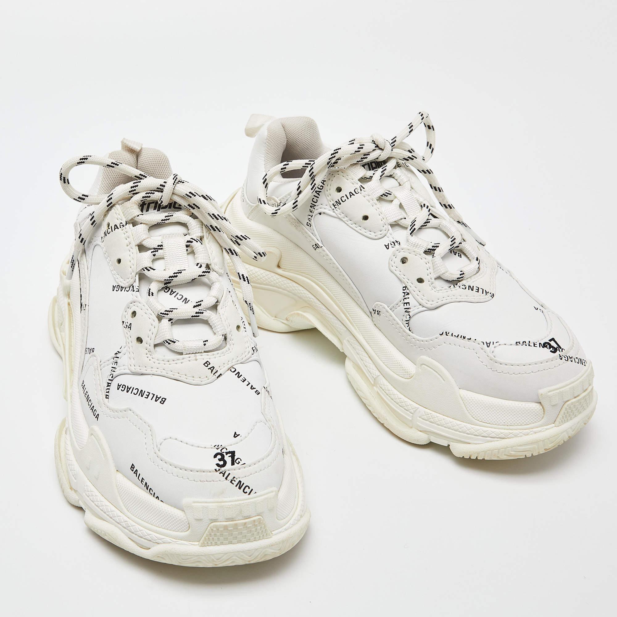 Women's Balenciaga White Leather All-Over Logo Triple S Sneaker Size 37