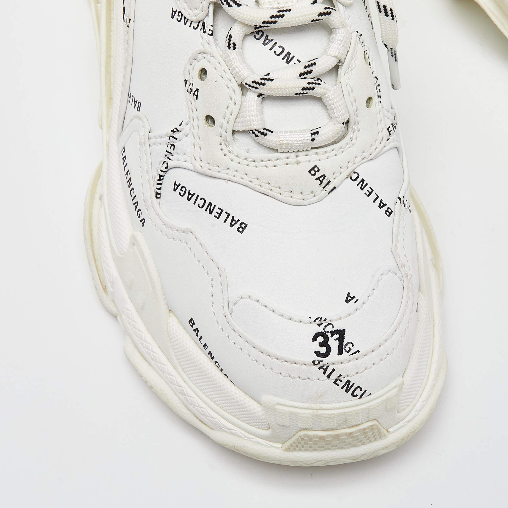 Balenciaga White Leather All-Over Logo Triple S Sneaker Size 37 1