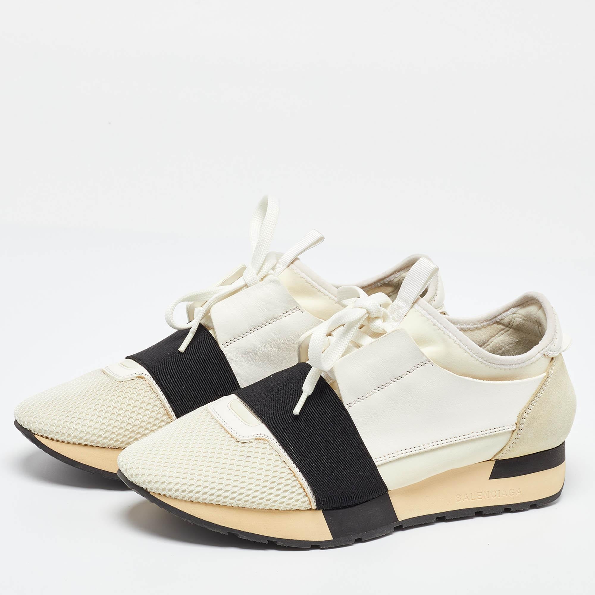 Comfort and high fashion are brought together in these fabulous sneakers from Balenciaga. They have been crafted from high quality materials into a wearable design. Add them to your closet and walk the streets in style