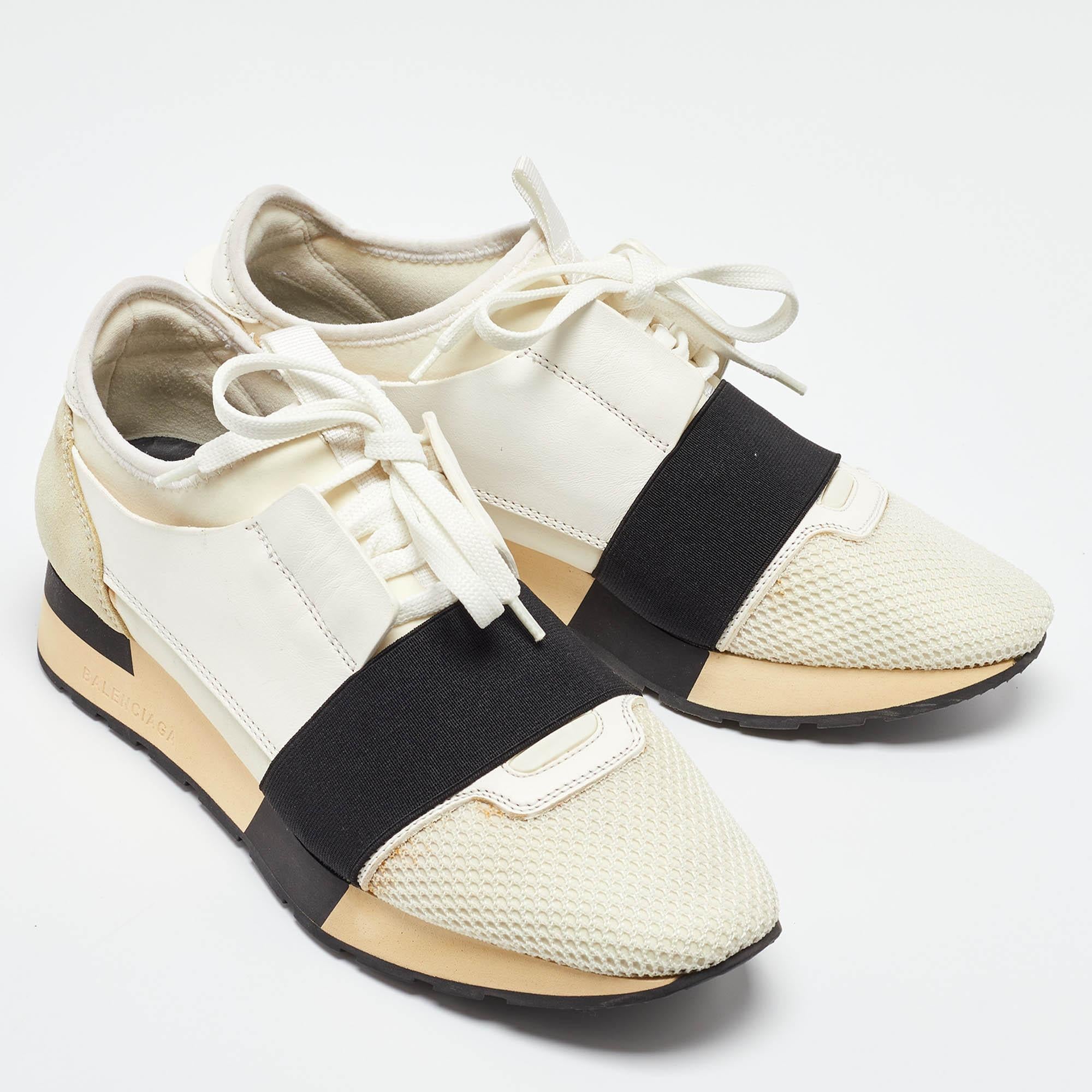 Women's Balenciaga White Leather and Mesh Race Runner Sneakers Size 38 For Sale