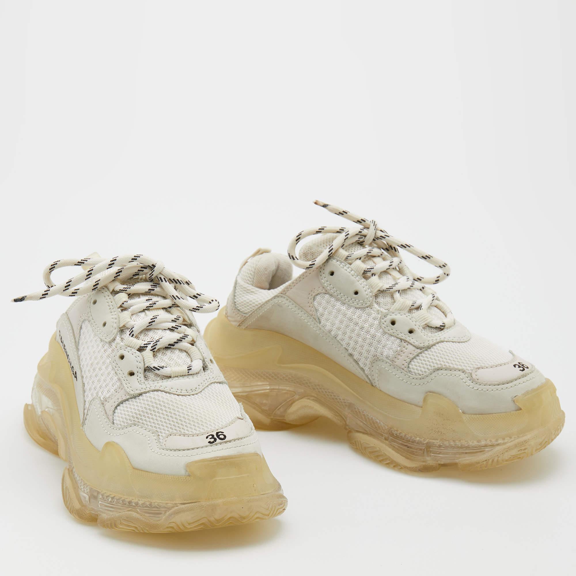 Women's Balenciaga White Leather and Mesh Triple S Clear Low Top Sneakers Size 36