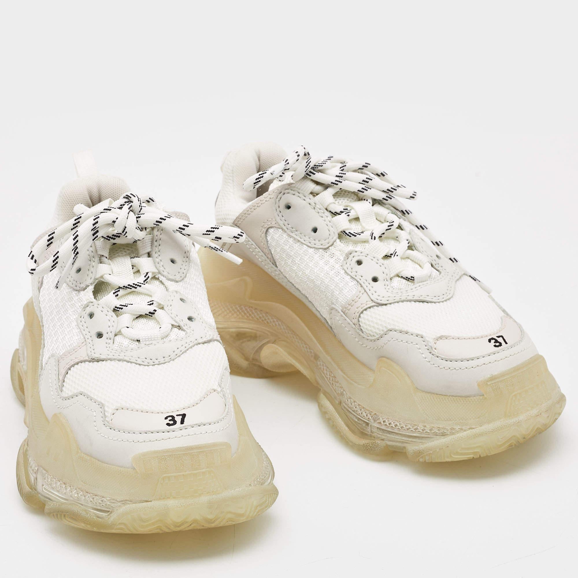 Women's Balenciaga White Leather and Mesh Triple S Clear Sneakers Size 37