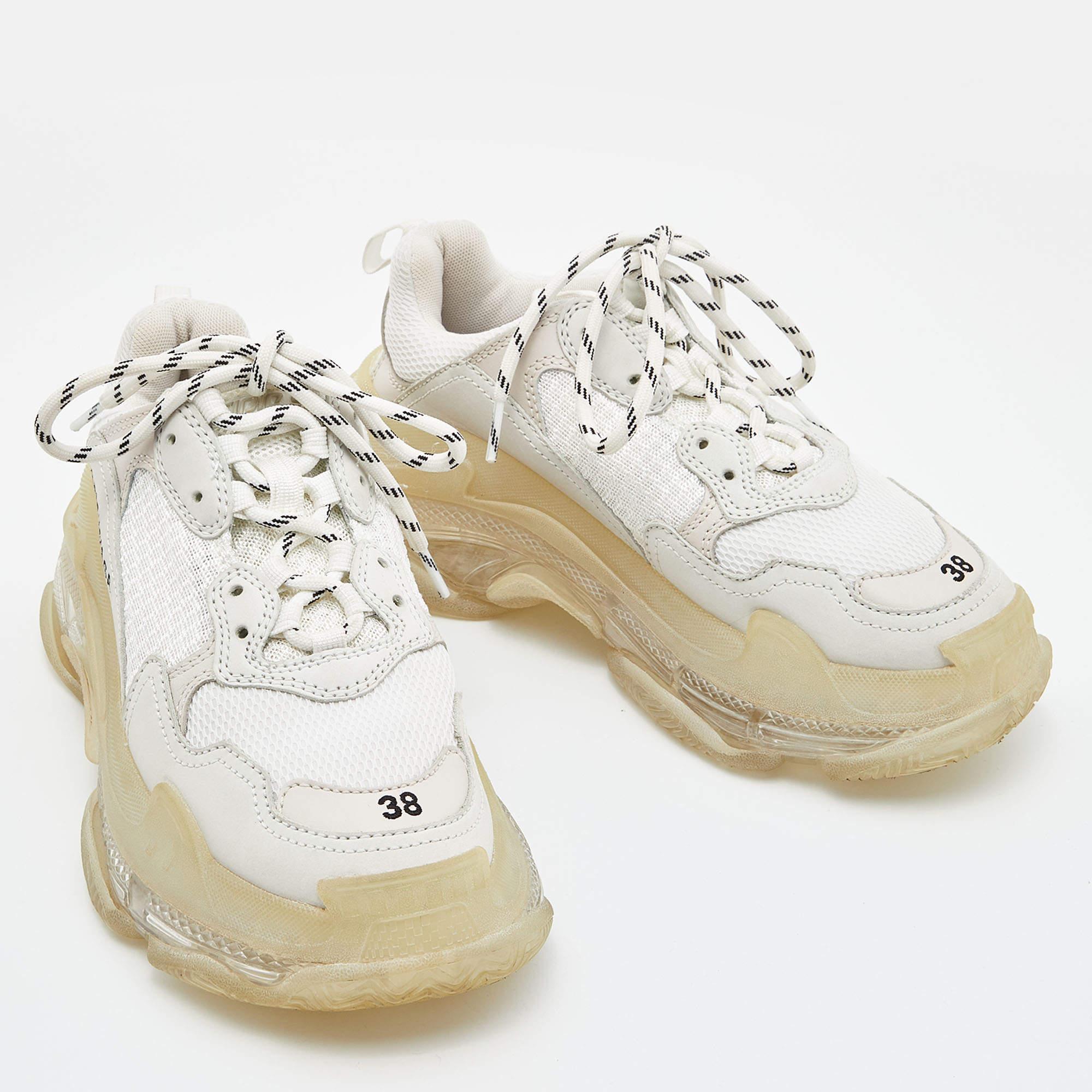 Women's Balenciaga White Leather and Mesh Triple S Clear Sneakers Size 38