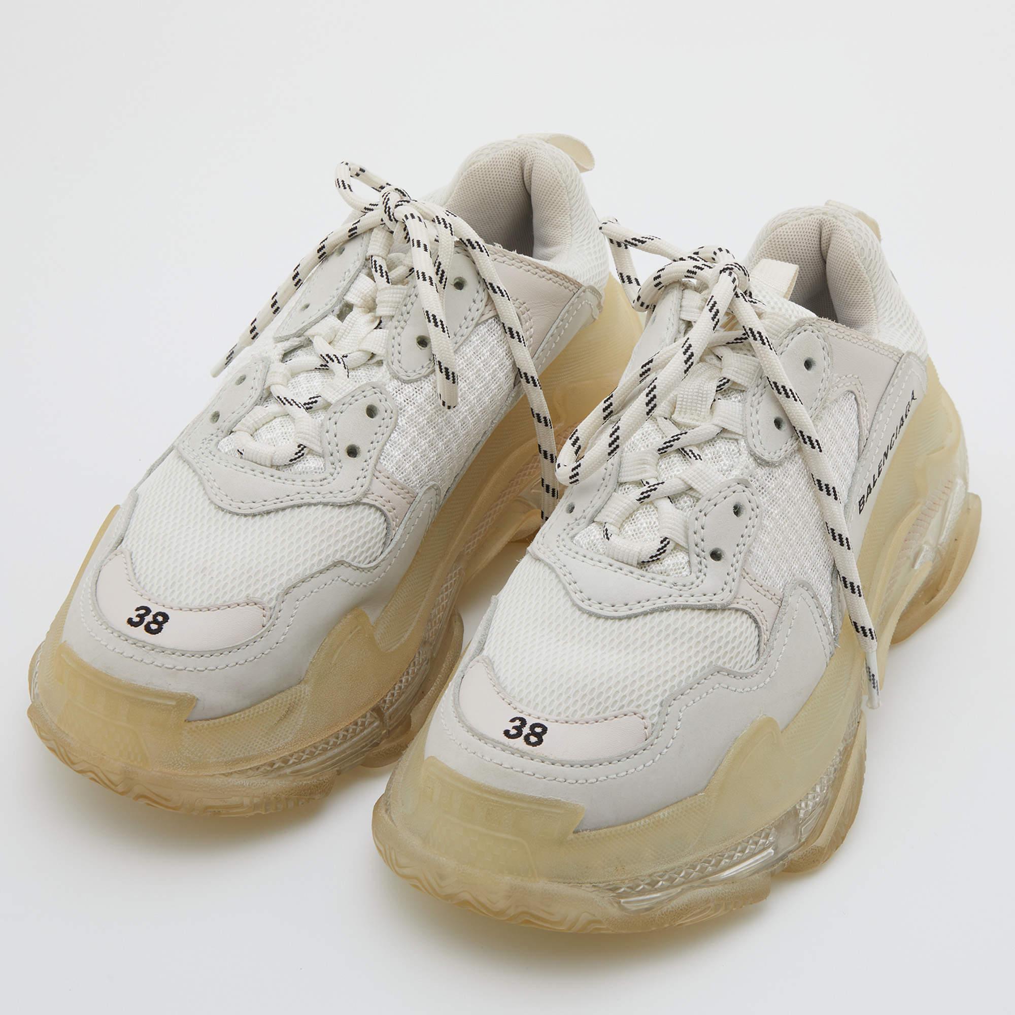Brown Balenciaga White Leather and Mesh Triple S Clear Sneakers Size 38