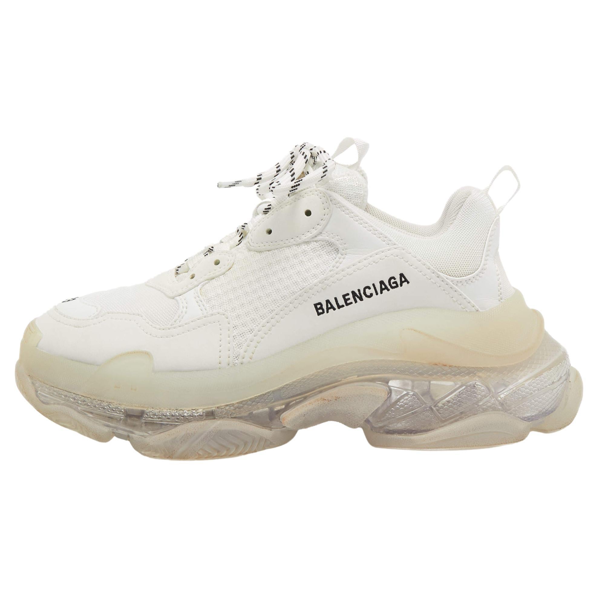Balenciaga White Leather and Mesh Triple S Sneakers Size 39 For Sale