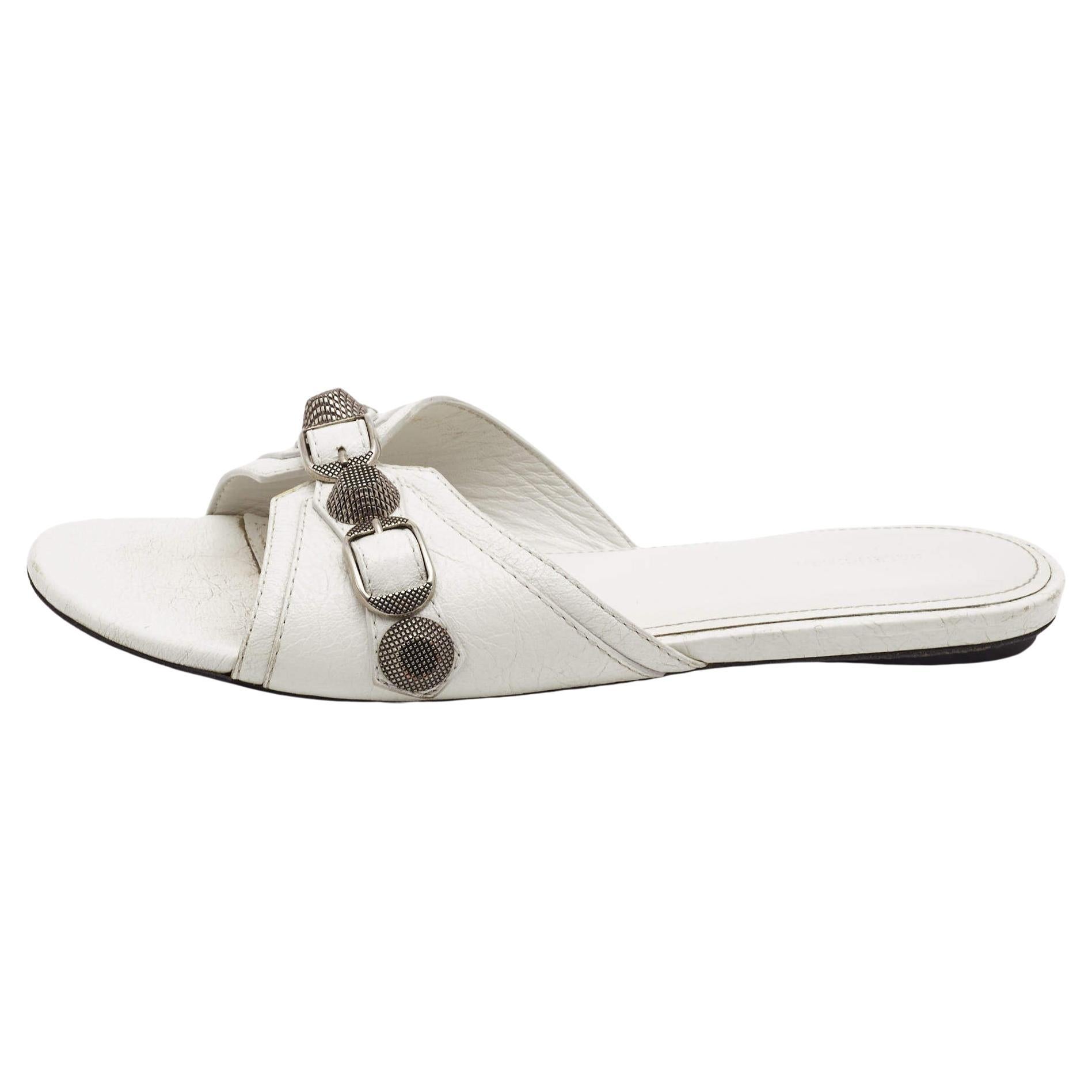 Balenciaga White Leather Cagole Flat Slides Size 36 For Sale