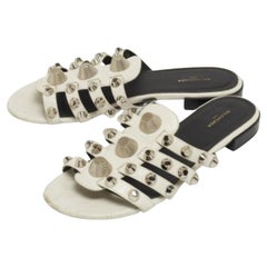 Balenciaga White Leather Studded Arena Flat Slides Size 38