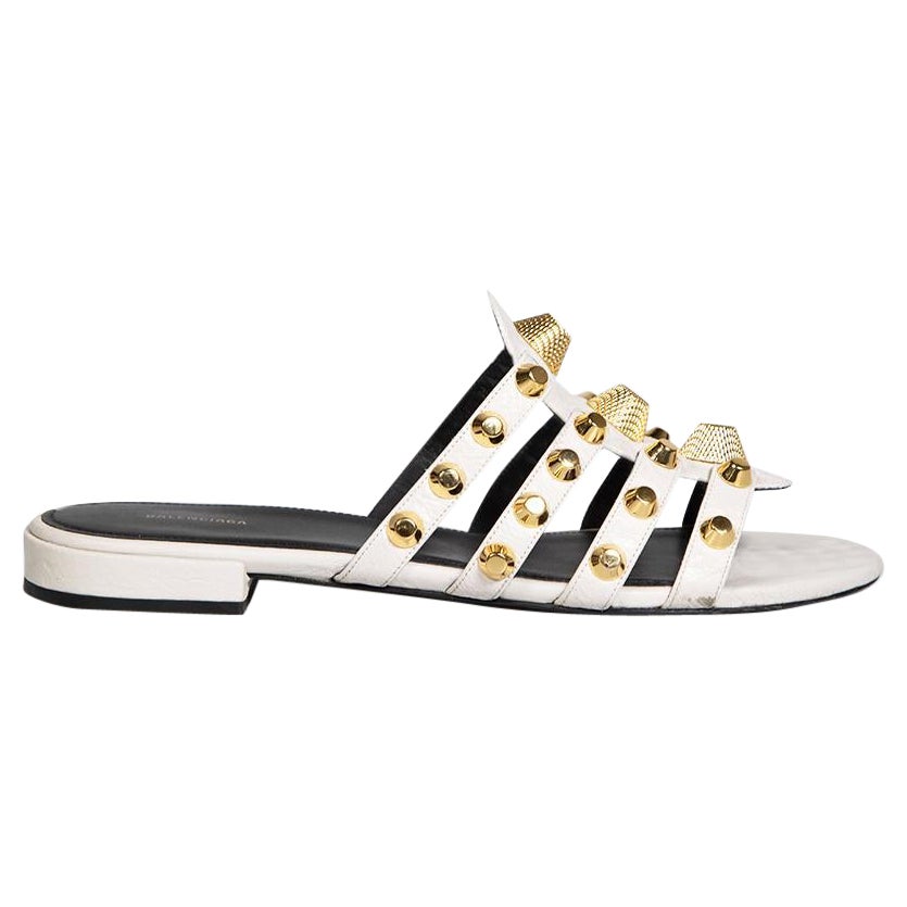 Balenciaga White Leather Studded Arena Flat Slides Size IT 39