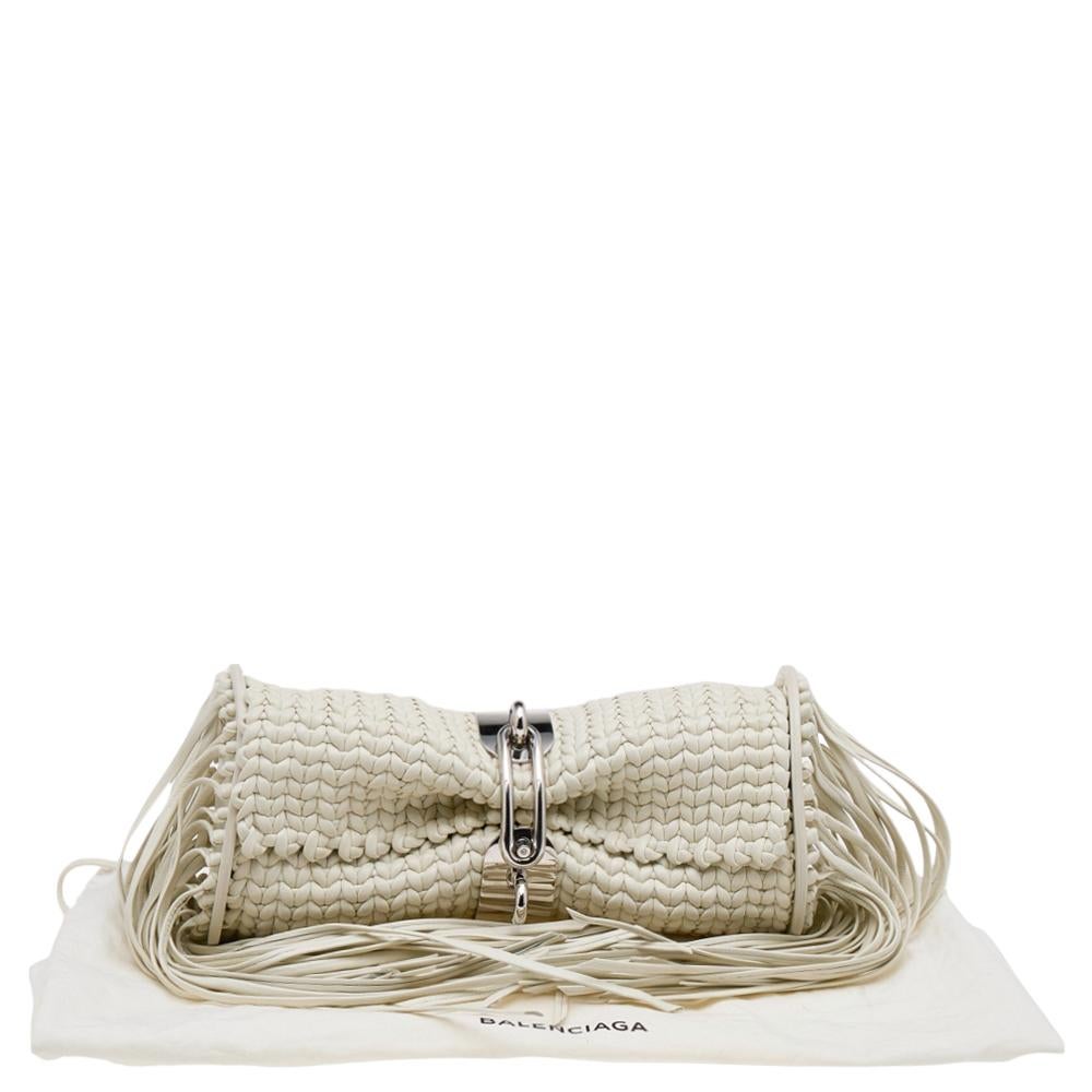 Balenciaga White Leather Tresse Raffia Fringe Clutch 5