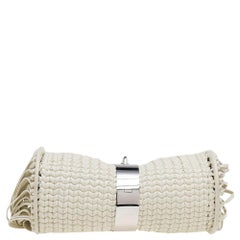 Balenciaga White Leather Tresse Raffia Fringe Clutch