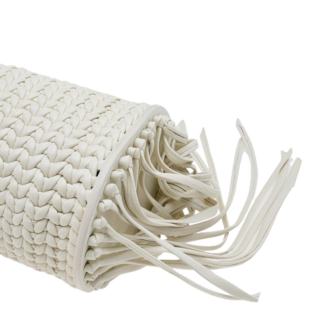 Women's Balenciaga White Leather Tresse Raffia Fringe Clutch