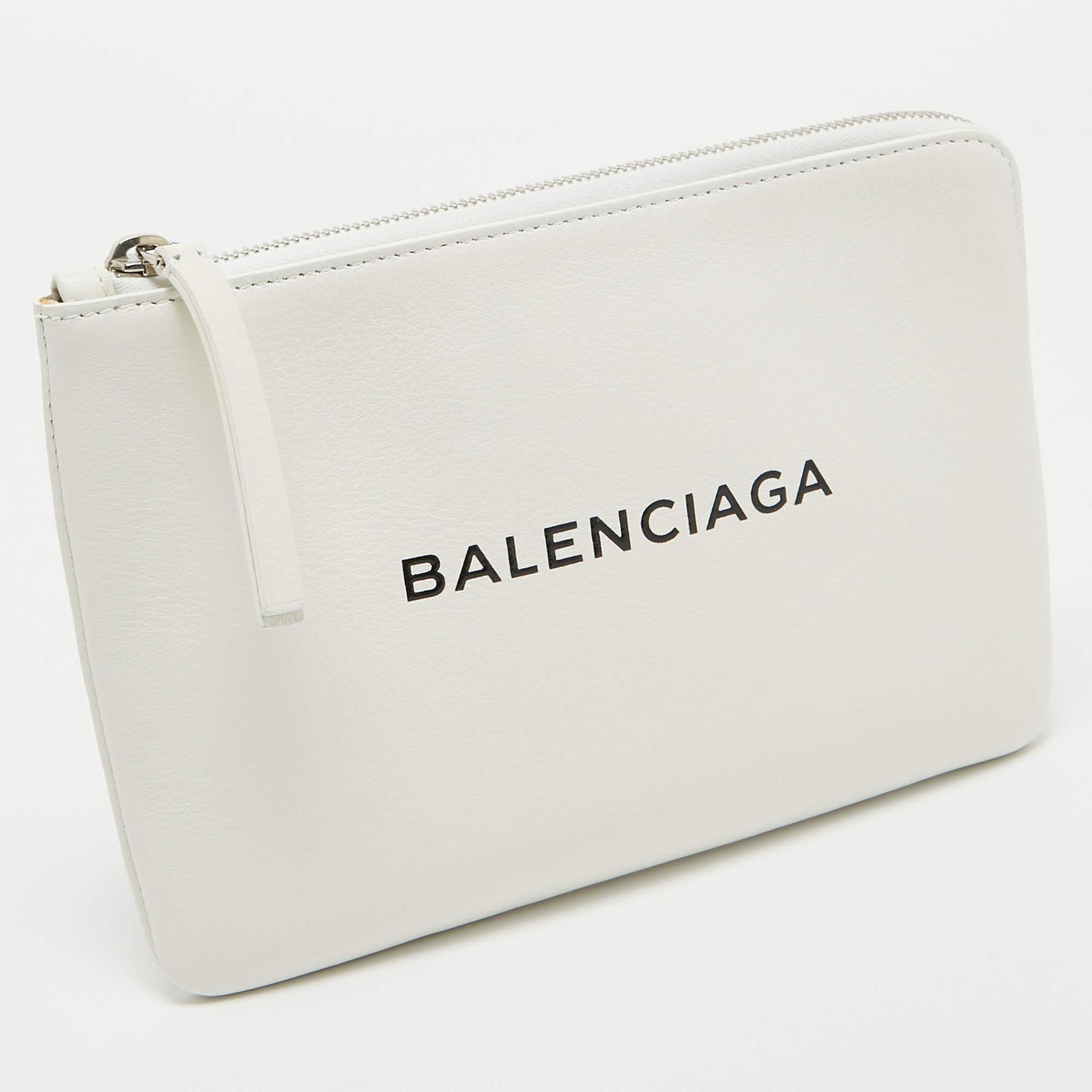 Gray Balenciaga White Leather Zip Pouch For Sale