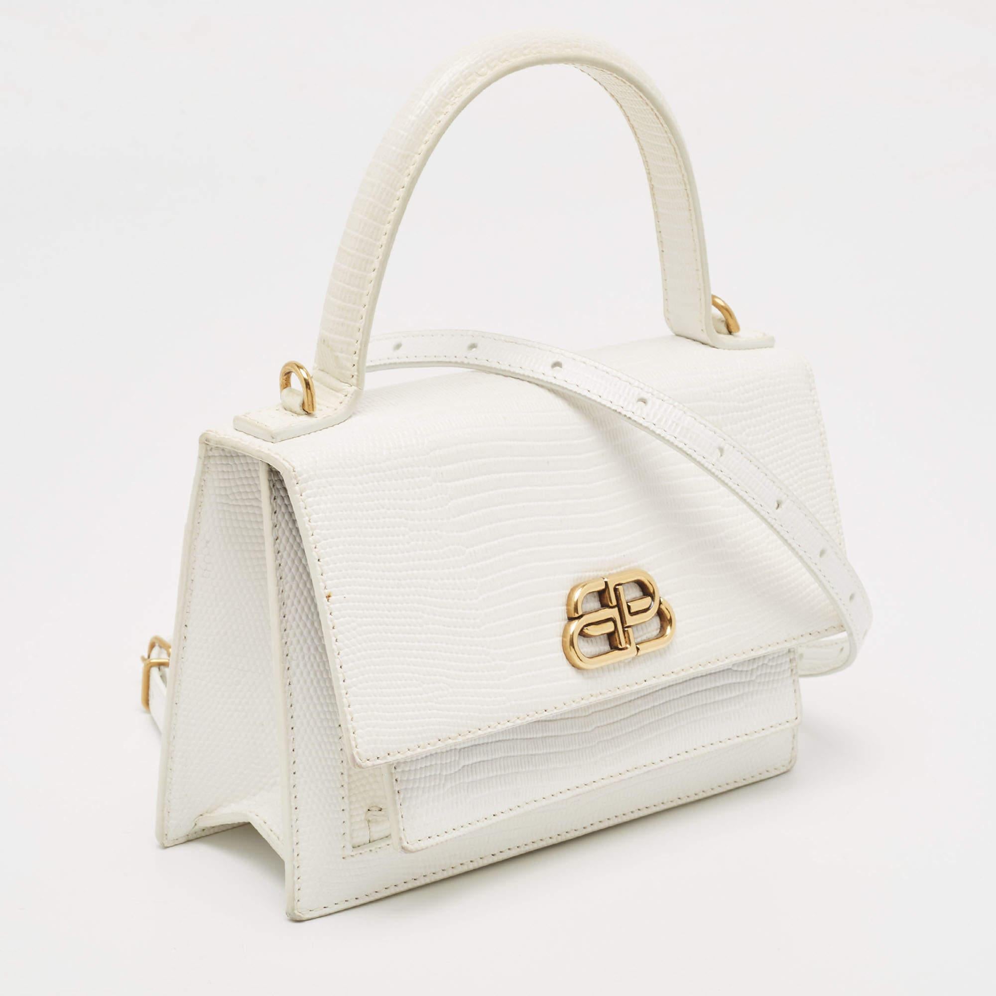 Balenciaga White Lizard Embossed Leather XS Sharp Top Handle Bag For Sale 5