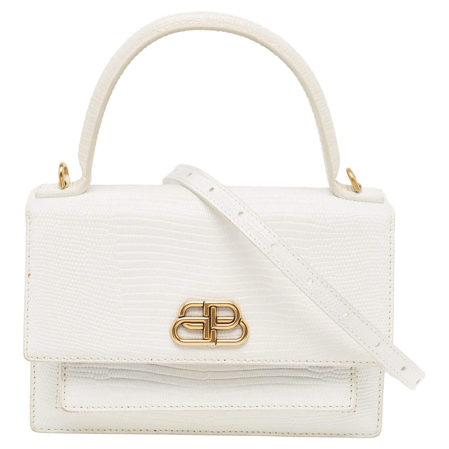 Balenciaga White Lizard Embossed Leather XS Sharp Top Handle Bag For Sale
