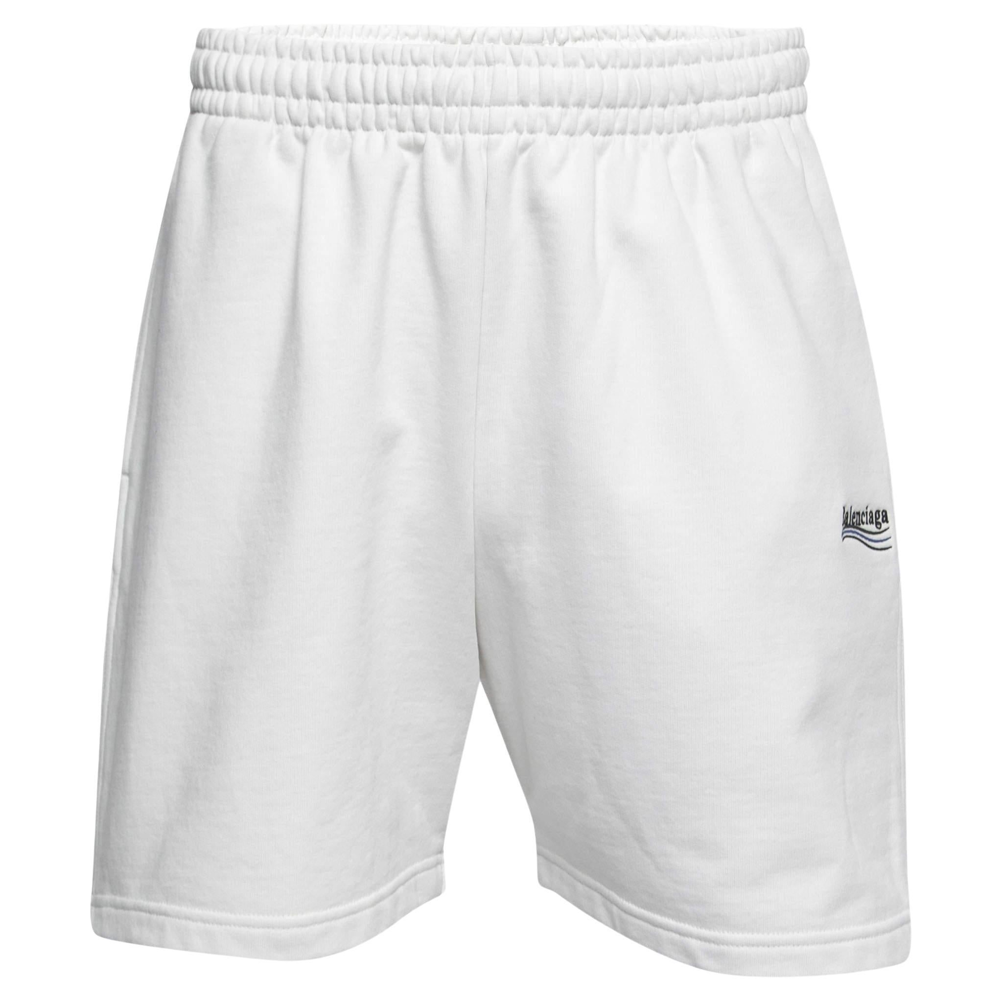 Balenciaga White Logo Embroidered Cotton Shorts S For Sale