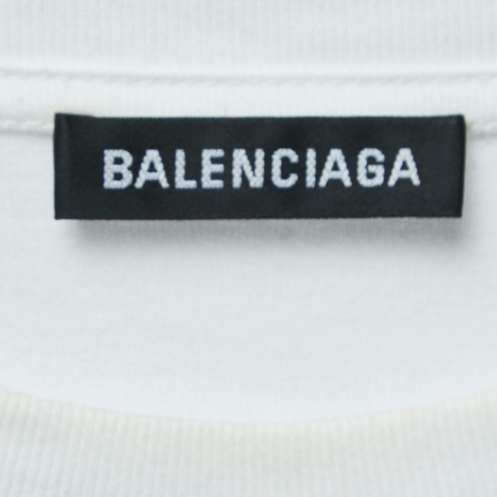 Men's Balenciaga White Logo Print Cotton Crew Neck T-Shirt M For Sale