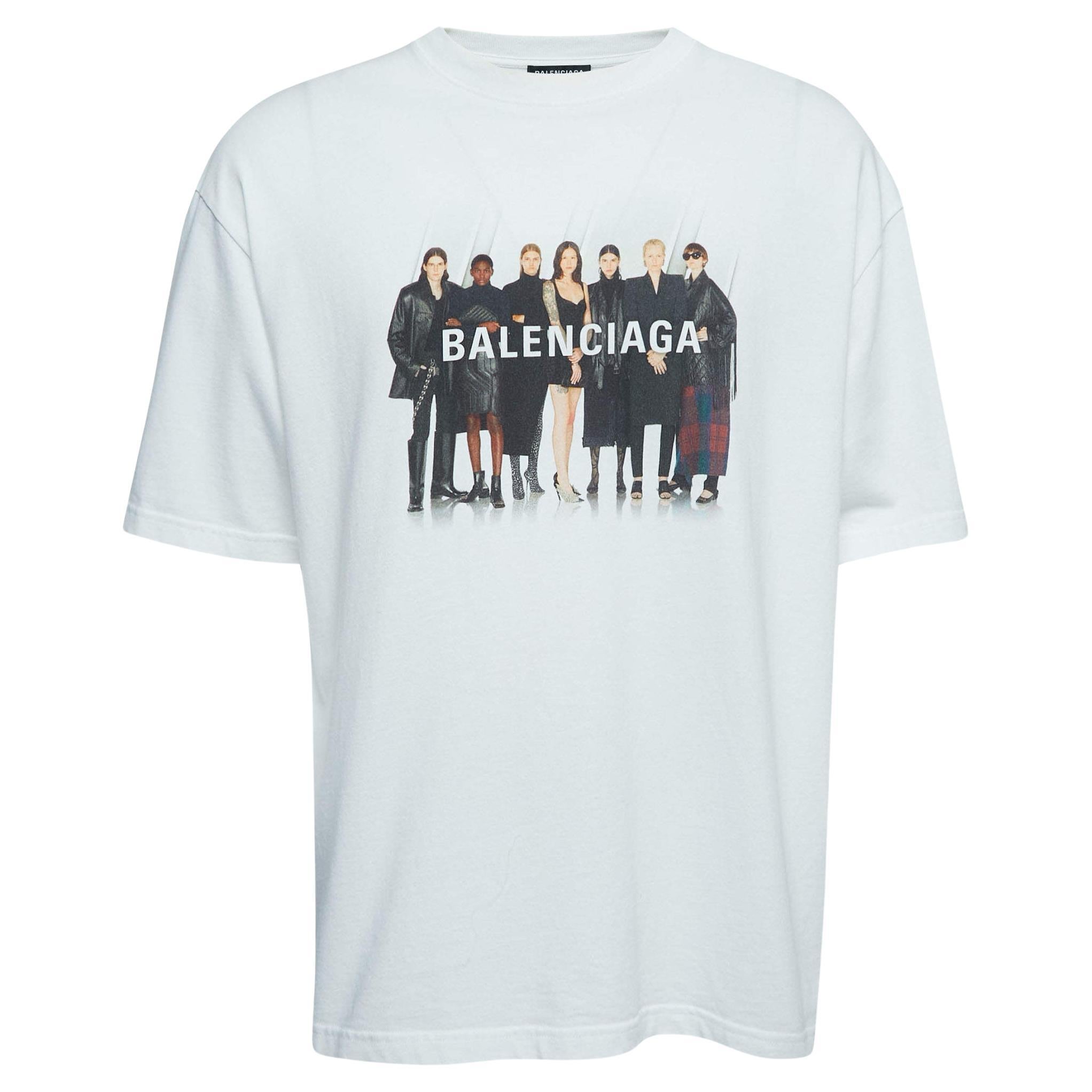 Balenciaga White Logo Print Cotton Crew Neck T-Shirt M For Sale