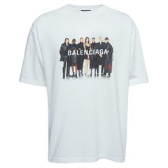 Balenciaga White Logo Print Cotton Crew Neck T-Shirt M. M.