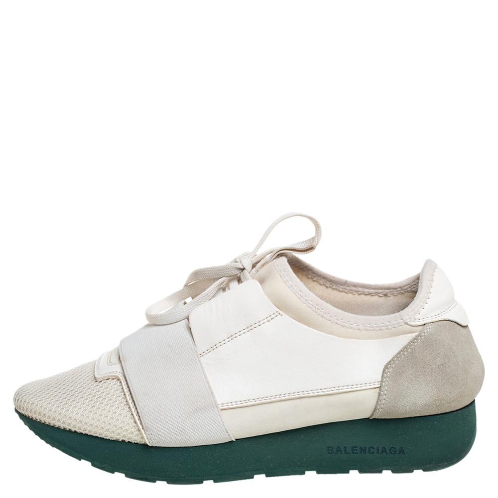 De las mujeres Balenciaga Malla Blanca Y Piel Race Runner Low Top Sneakers Talla 37