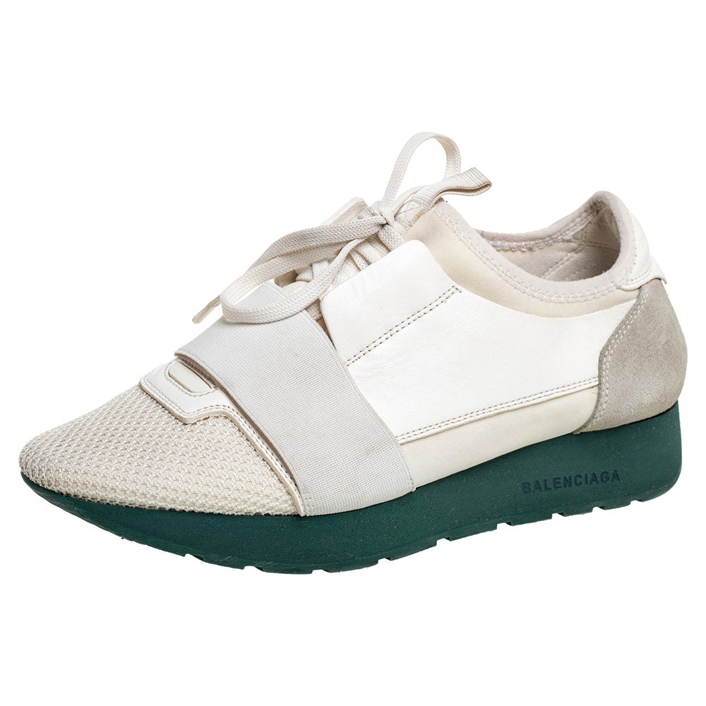 Balenciaga White Mesh And Leather Race Runner Low Top Sneakers Size 37 For Sale
